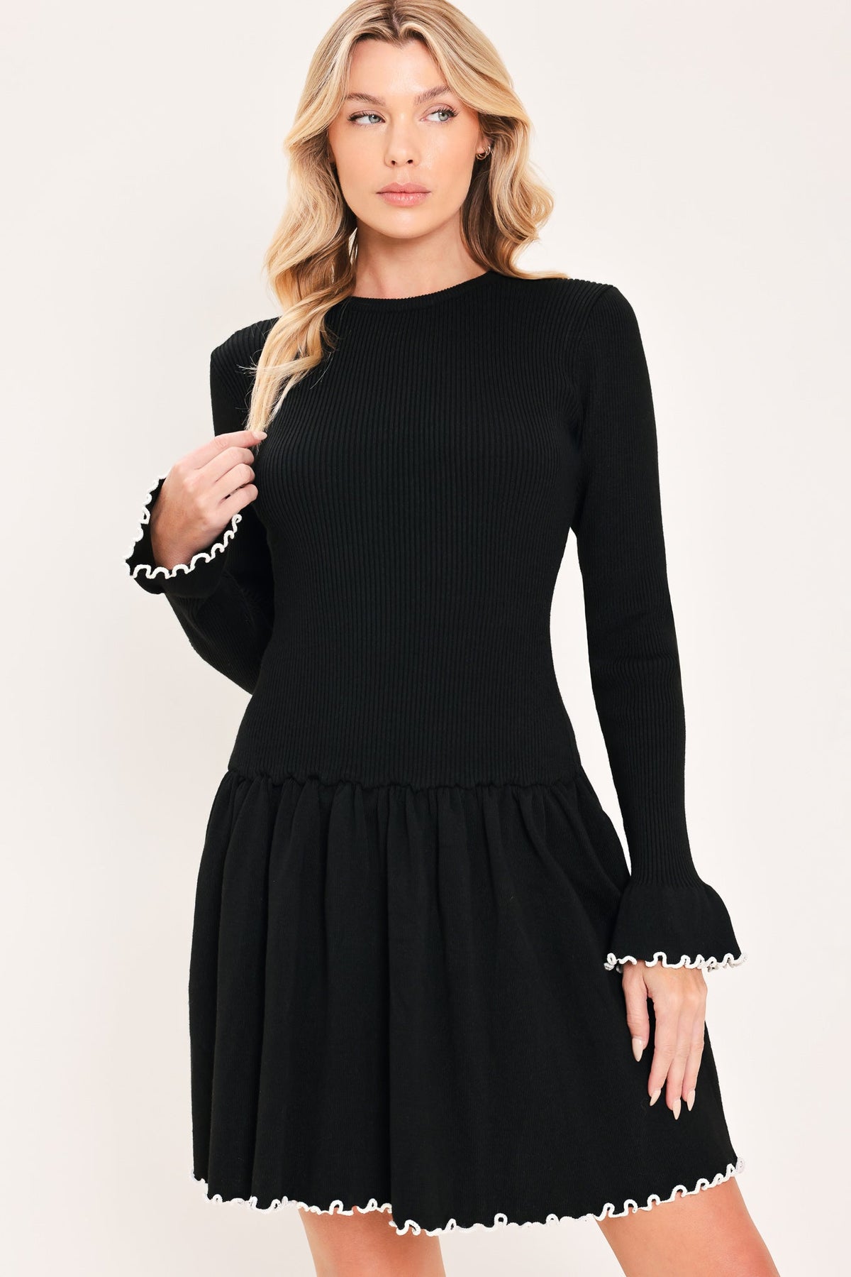 Black Sweater Mini Dress with Sweetheart Neckline and Contrast Trim