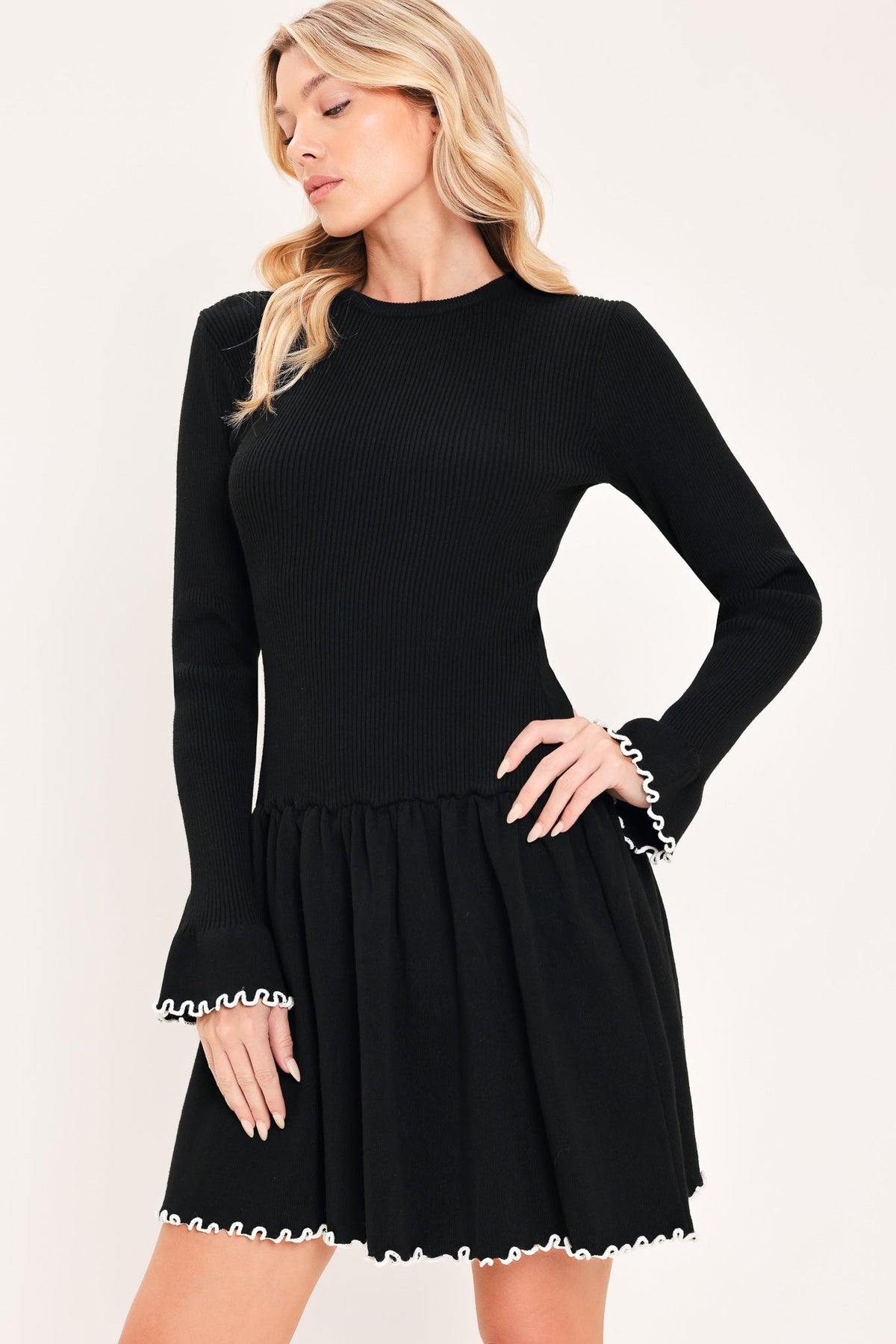 Black Sweater Mini Dress with Sweetheart Neckline and Contrast Trim BLACK WHITE