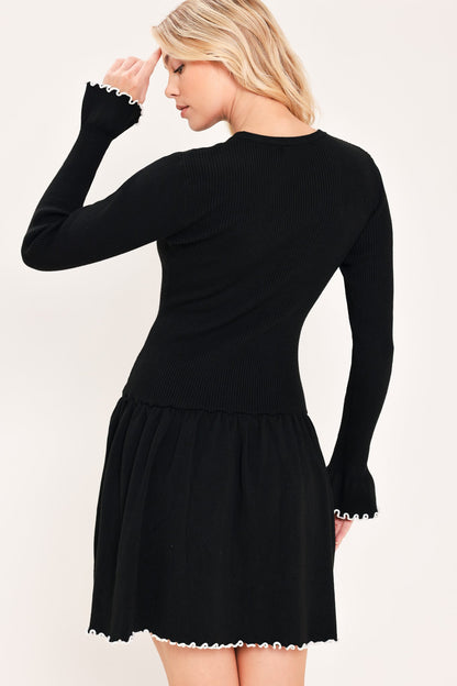 Black Sweater Mini Dress with Sweetheart Neckline and Contrast Trim
