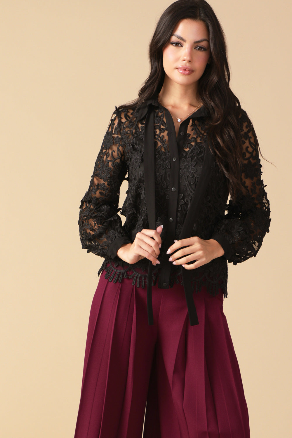 BLACK Dressy Lace Button Up Shirt with Bow Tie | Trendy Shirts Outfit Idea for Women by Ro + Ivy | Elevated Basics, Modern Comfort & Style