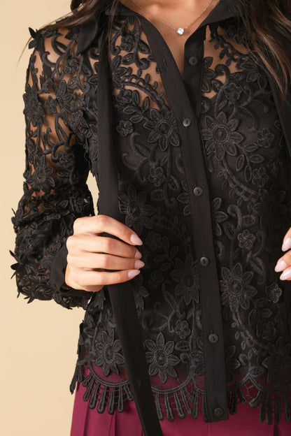 Dressy Lace Button Up Shirt with Bow Tie | Trendy Shirts Outfit Idea for Women by Ro + Ivy | Elevated Basics, Modern Comfort & Style