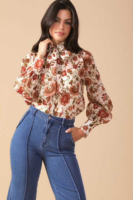 Long Sleeve Button Up Tie Neck Blouse Trendy Blouses Outfit Idea for Women | Ro + Ivy