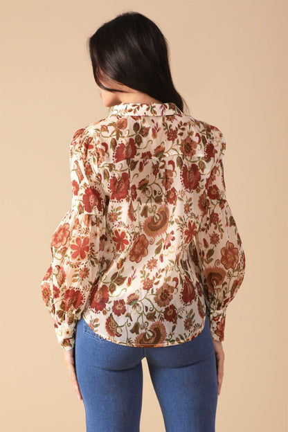 Long Sleeve Button Up Tie Neck Blouse Trendy Blouses Outfit Idea for Women | Ro + Ivy