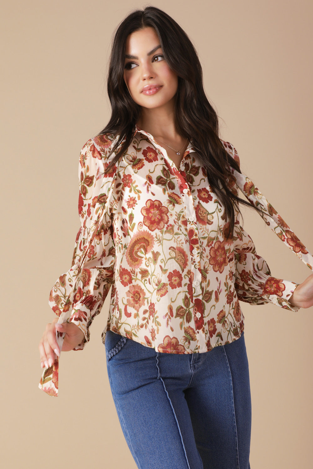 Long Sleeve Button Up Tie Neck Blouse Trendy Blouses Outfit Idea for Women | Ro + Ivy