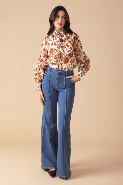 Long Sleeve Button Up Tie Neck Blouse Trendy Blouses Outfit Idea for Women | Ro + Ivy