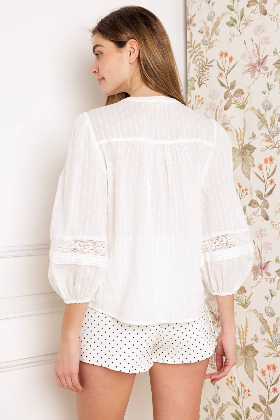 3/4 Sleeve Lace Inset with Pleats Button Up Shirt Trendy Shirts Outfit Idea for Women | Ro + Ivy