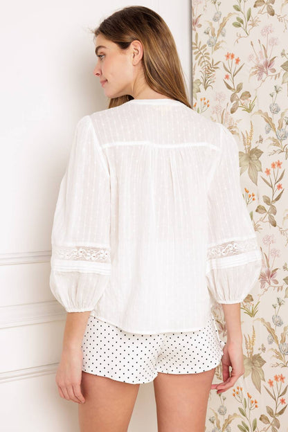 3/4 Sleeve Lace Inset with Pleats Button Up Shirt Trendy Shirts Outfit Idea for Women | Ro + Ivy