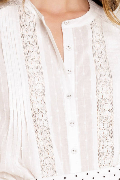 3/4 Sleeve Lace Inset with Pleats Button Up Shirt Trendy Shirts Outfit Idea for Women | Ro + Ivy