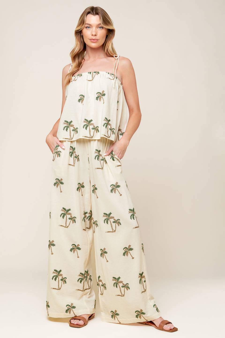 Embroidered Palm Tree Top and Wide Leg Pant Outfit Set - Vacation Ready | Trendy Outfit Sets Outfit Idea for Women by Ro + Ivy | Elevated Basics, Modern Comfort & Style