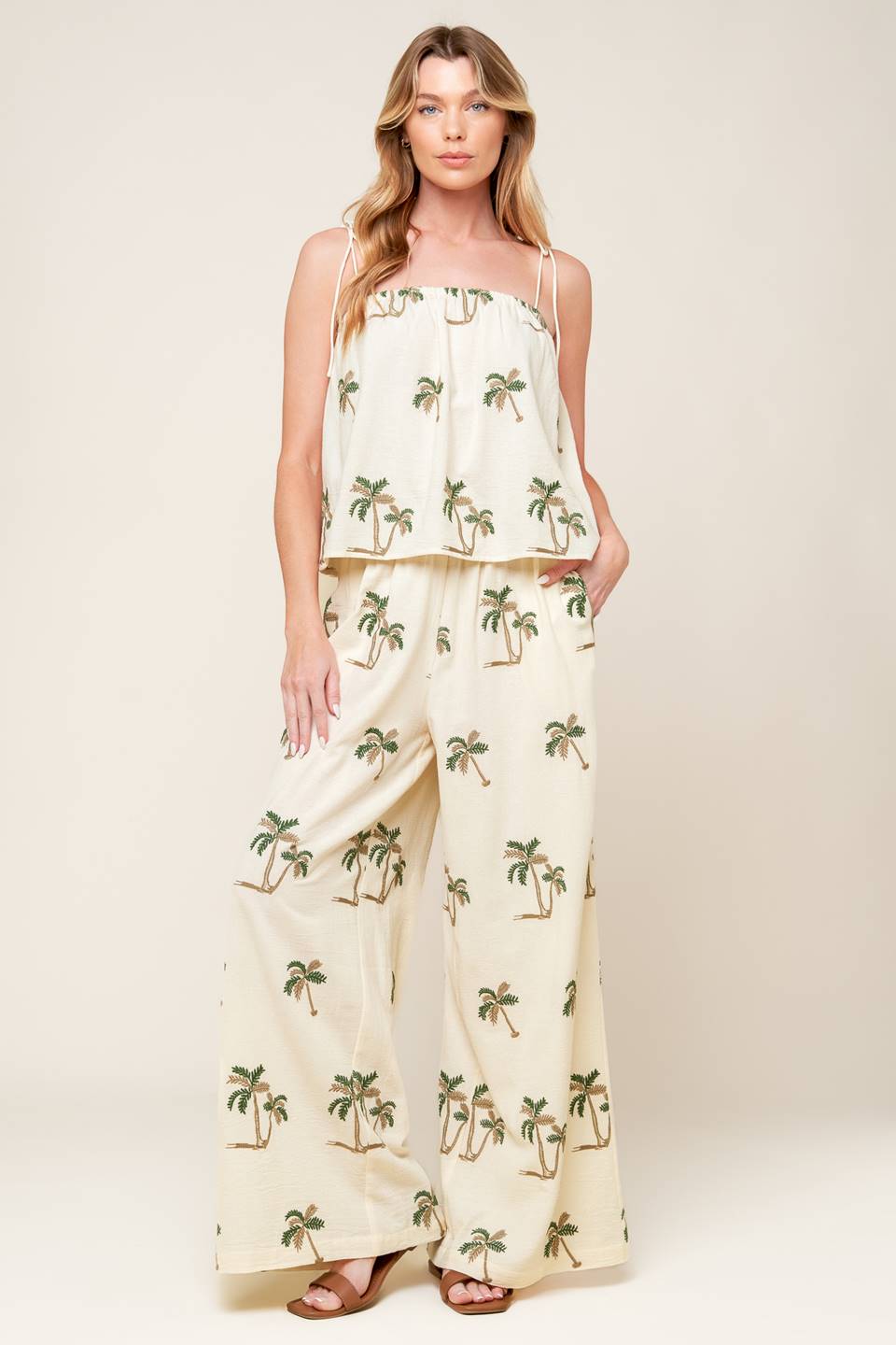 Embroidered Palm Tree Top and Wide Leg Pant Outfit Set - Vacation Ready | Trendy Outfit Sets Outfit Idea for Women by Ro + Ivy | Elevated Basics, Modern Comfort & Style
