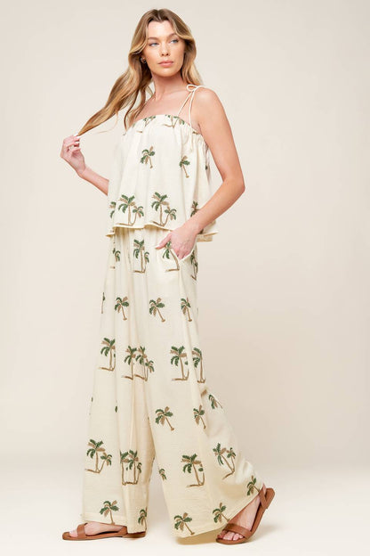 Embroidered Palm Tree Top and Wide Leg Pant Outfit Set - Vacation Ready | Trendy Outfit Sets Outfit Idea for Women by Ro + Ivy | Elevated Basics, Modern Comfort & Style