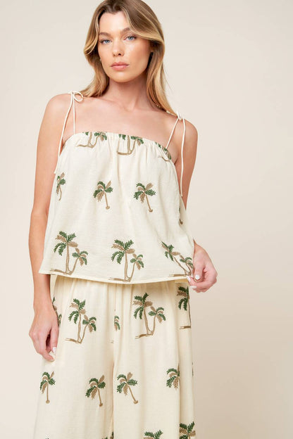 Embroidered Palm Tree Top and Wide Leg Pant Outfit Set - Vacation Ready | Trendy Outfit Sets Outfit Idea for Women by Ro + Ivy | Elevated Basics, Modern Comfort & Style