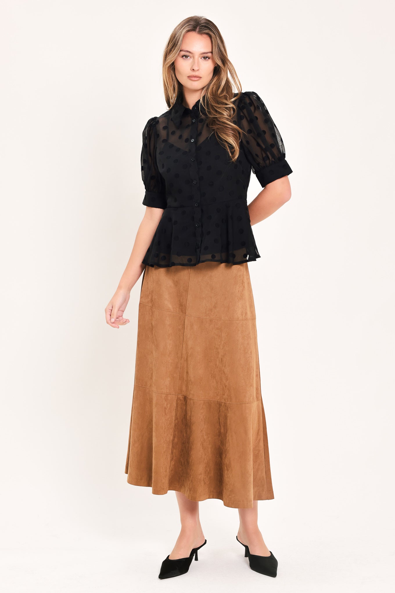 Romantic Polka Dot Puff Sleeve Peplum Top