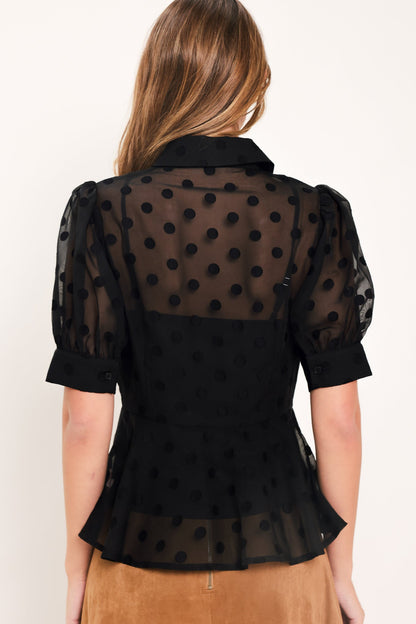 Romantic Polka Dot Puff Sleeve Peplum Top