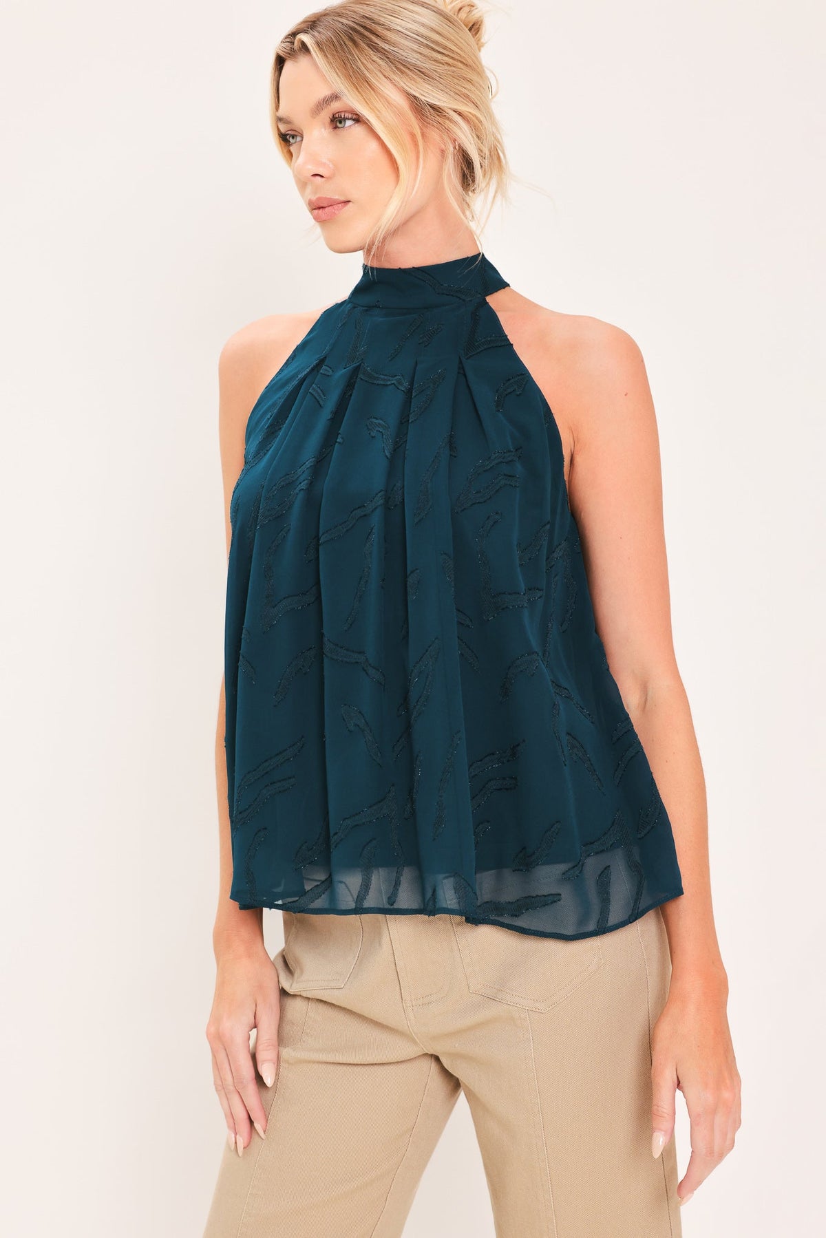 Dark Teal Woven Jacquard Halter Top with Back Neck Tie