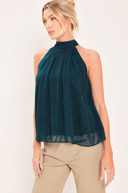 Dark Teal Woven Jacquard Halter Top with Back Neck Tie