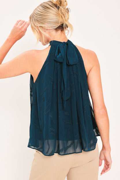 Dark Teal Woven Jacquard Halter Top with Back Neck Tie