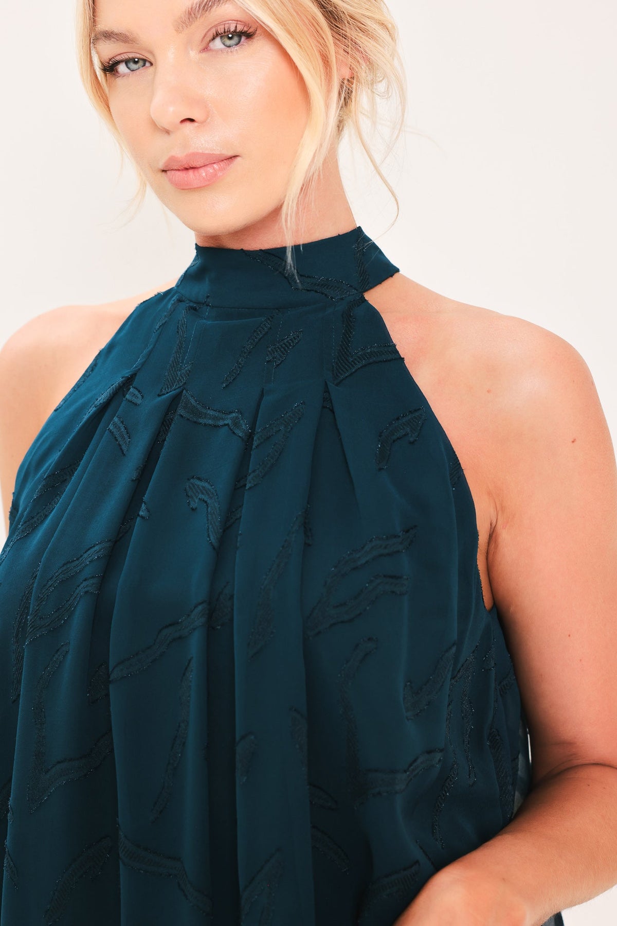 Dark Teal Woven Jacquard Halter Top with Back Neck Tie TEAL