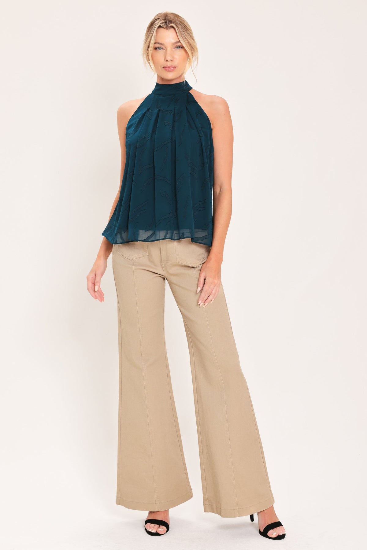Dark Teal Woven Jacquard Halter Top with Back Neck Tie