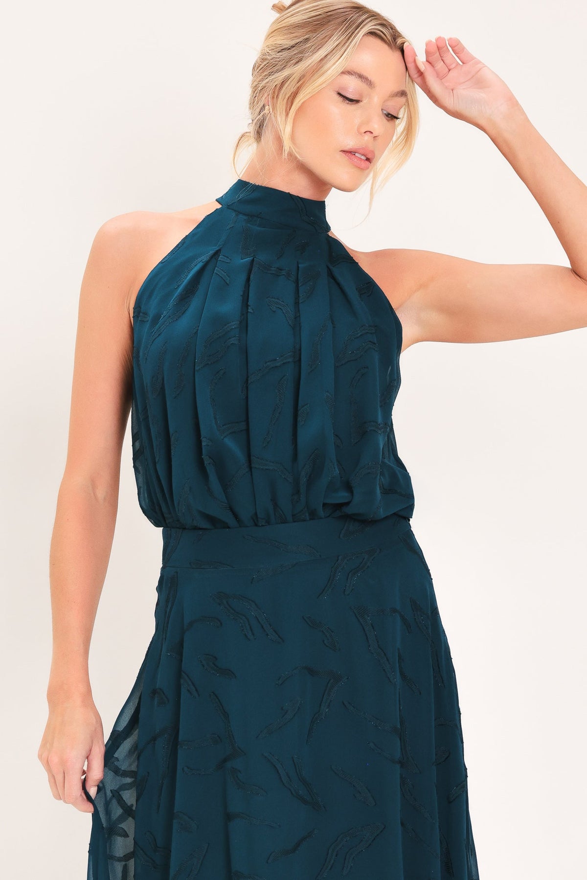 Dark Teal Woven Jacquard Halter Top with Back Neck Tie