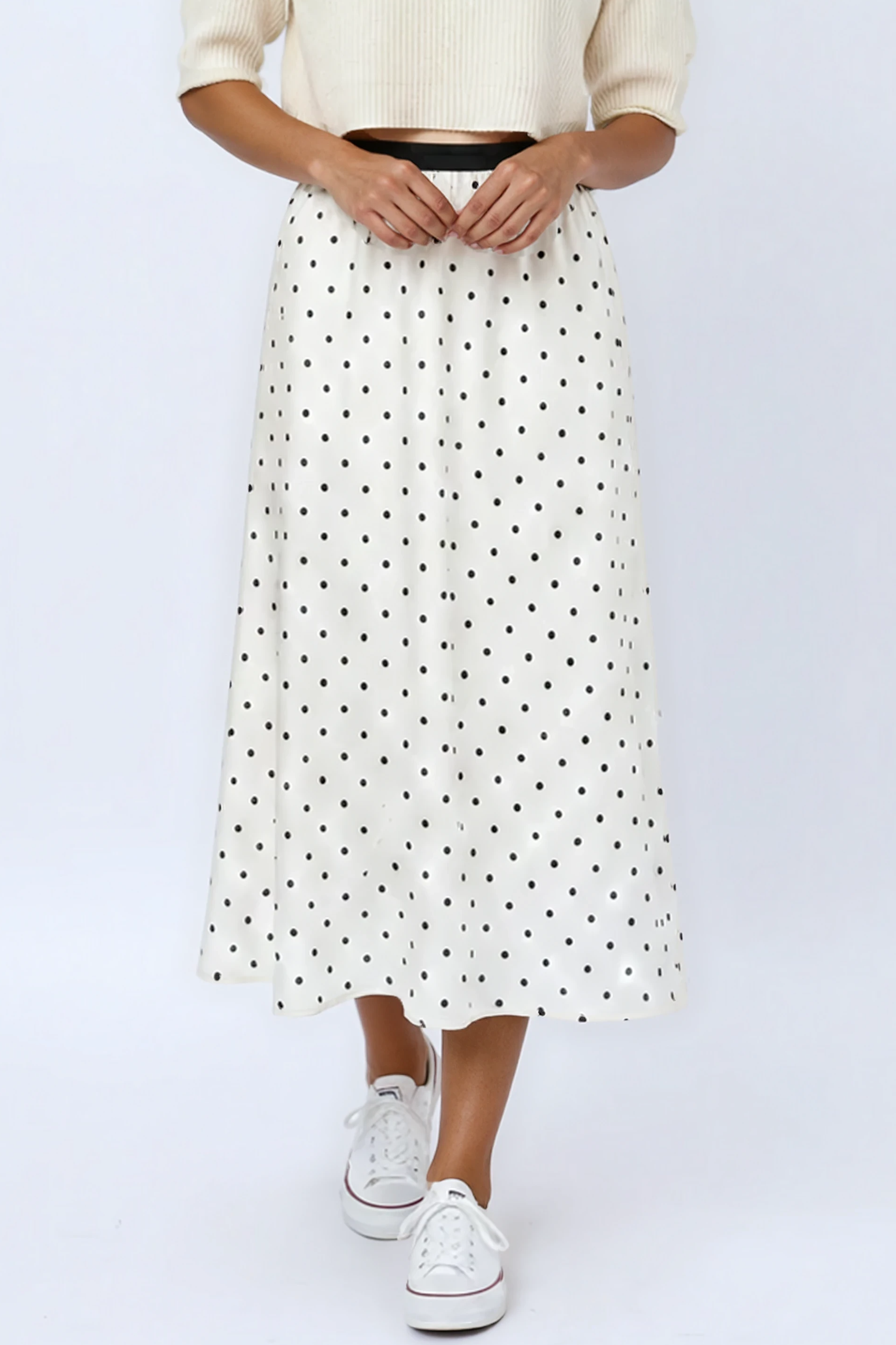 Vintage Polka Dot Flowing Midi Skirt — Timeless Pattern Elegant Comfort Versatile Style - CREAM SMALL DOTS Skirts