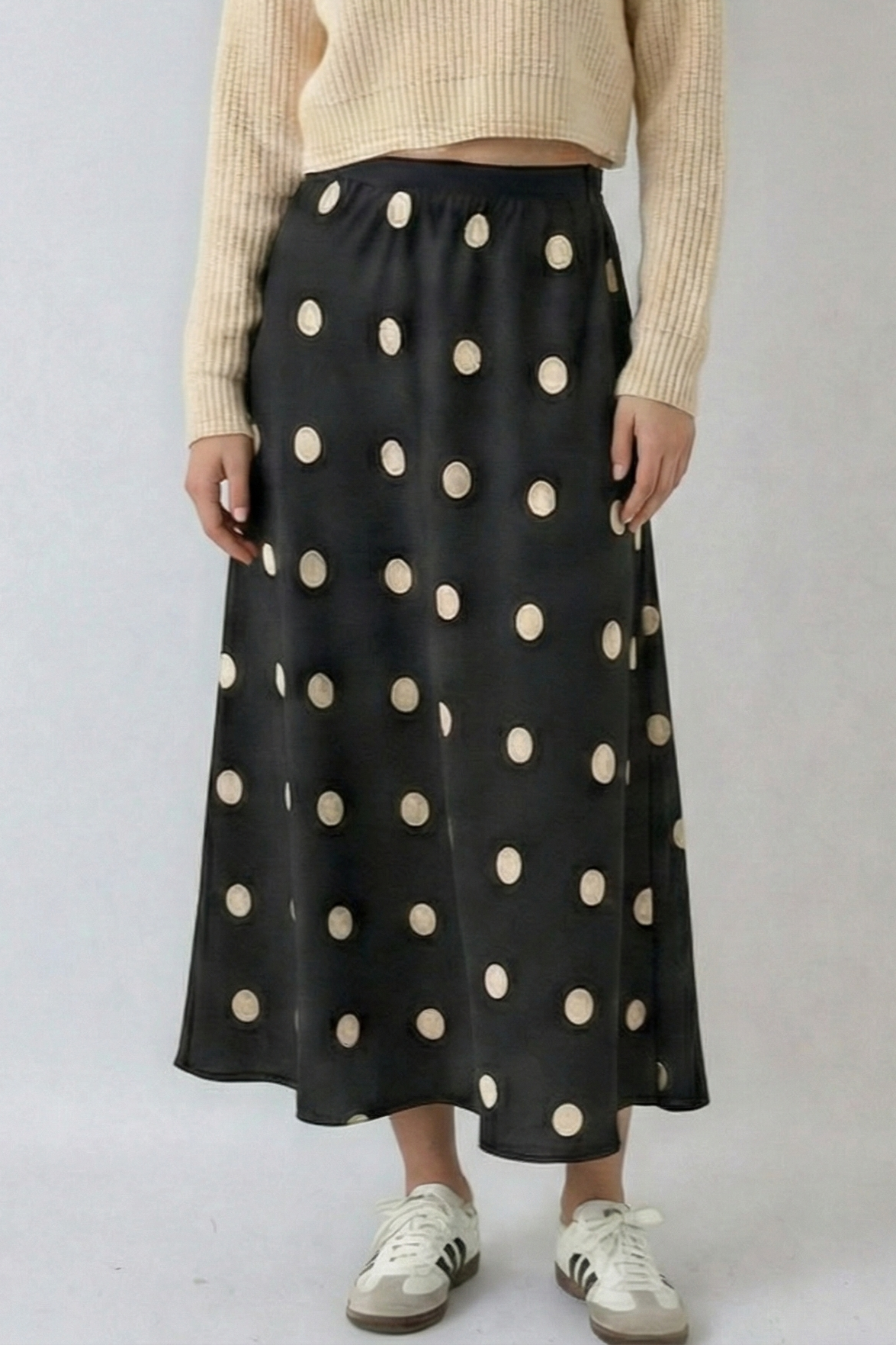 Vintage Polka Dot Flowing Midi Skirt — Timeless Pattern Elegant Comfort Versatile Style - BLACK LARGE DOTS Skirts