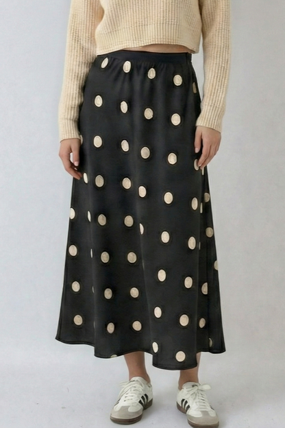 Vintage Polka Dot Flowing Midi Skirt — Timeless Pattern Elegant Comfort Versatile Style - BLACK LARGE DOTS Skirts