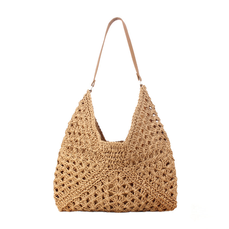 Woven Straw Shoulder Bag — Vegan Leather Strap Magnetic Clasp Closure - Khaki Shoulder Bags