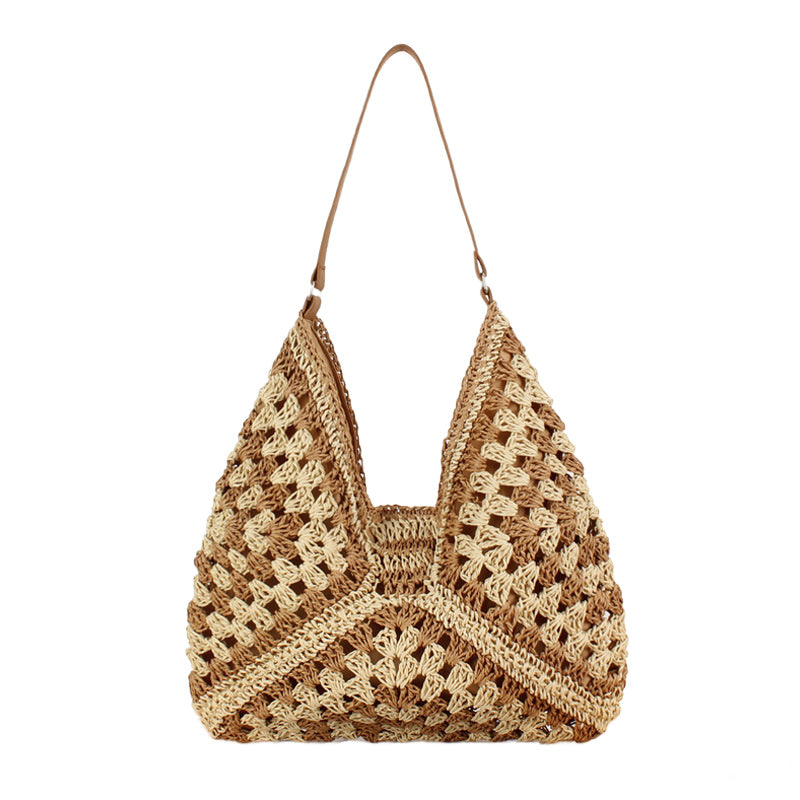 Woven Straw Shoulder Bag — Vegan Leather Strap Magnetic Clasp Closure - Khaki Multi Shoulder Bags