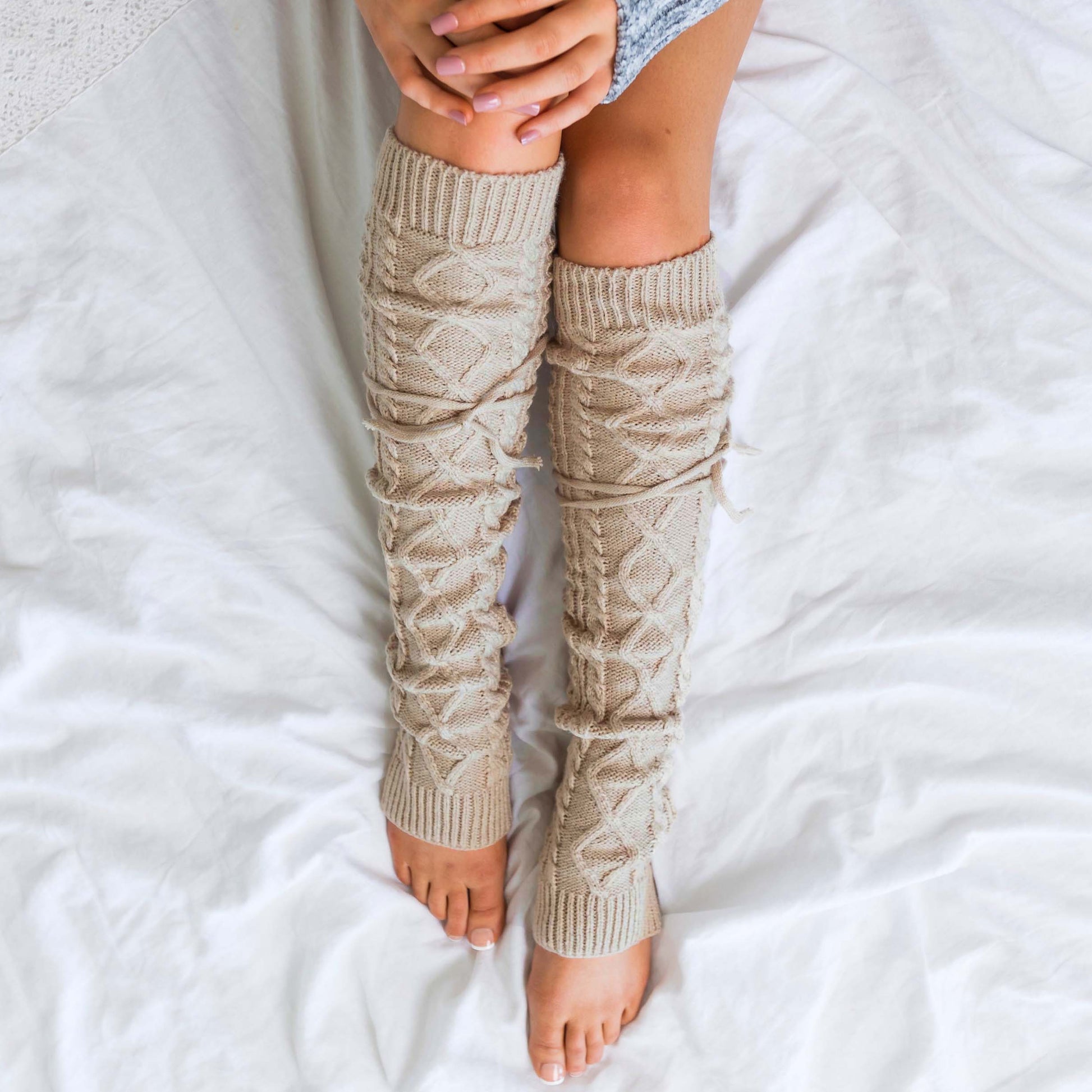 Cable Knit Long Tie Leg Warmer - Socks