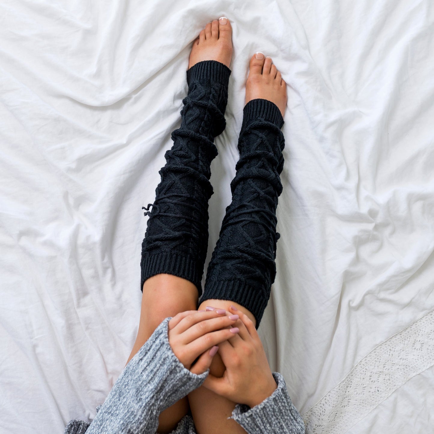 Cable Knit Long Tie Leg Warmer - Socks