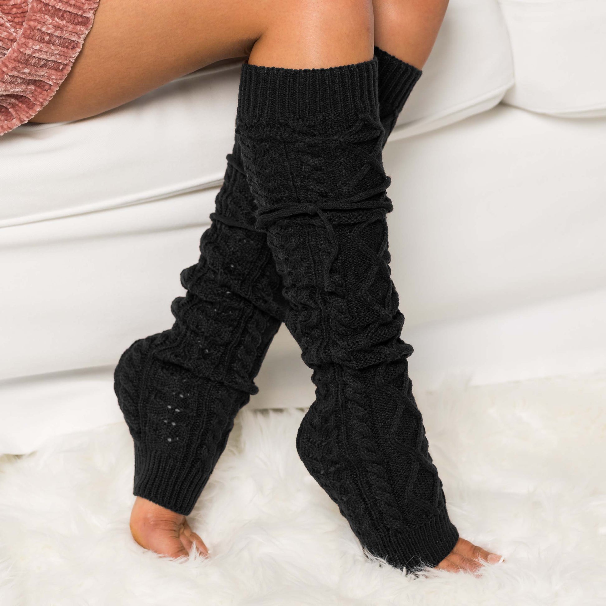 Cable Knit Long Tie Leg Warmer - Black Socks