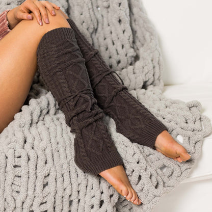 Cable Knit Long Tie Leg Warmer - Charcoal Socks