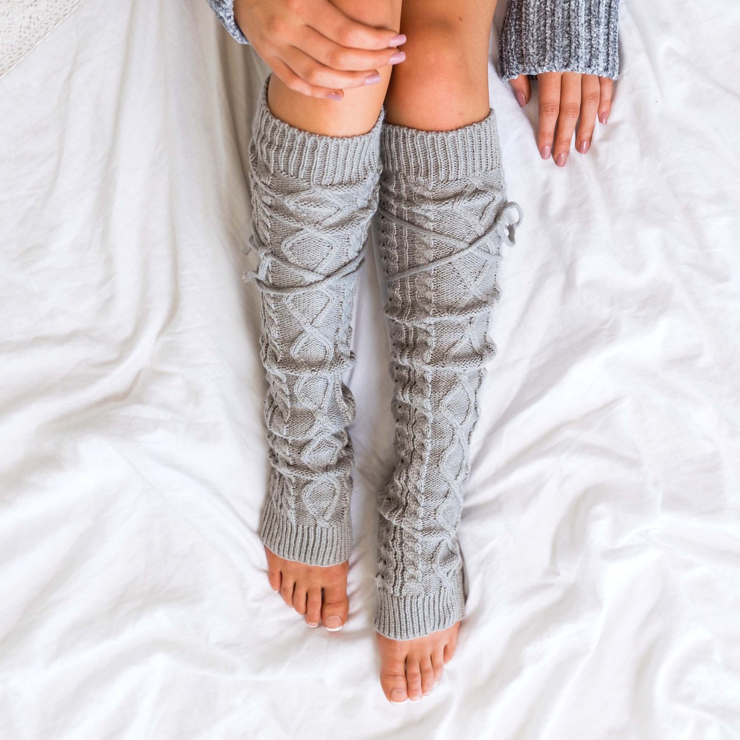 Cable Knit Long Tie Leg Warmer - Socks