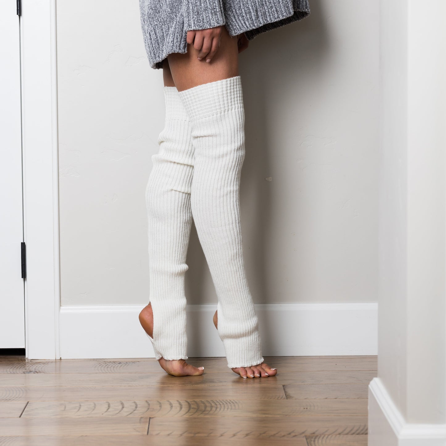 Long Stirrup Leg Warmers — 30" Soft Acrylic Ribbed Knit Heel Opening - Ivory Socks