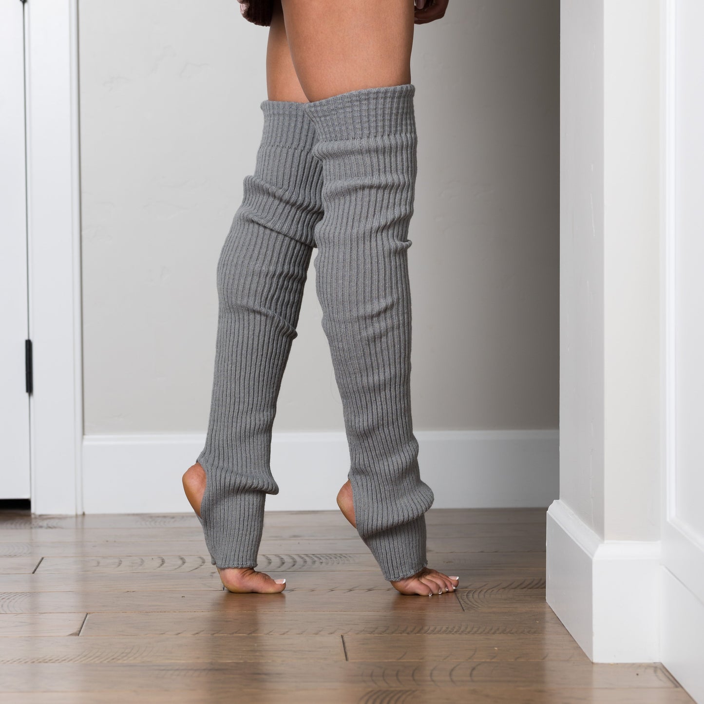 Long Stirrup Leg Warmers — 30" Soft Acrylic Ribbed Knit Heel Opening - Light Gray Socks