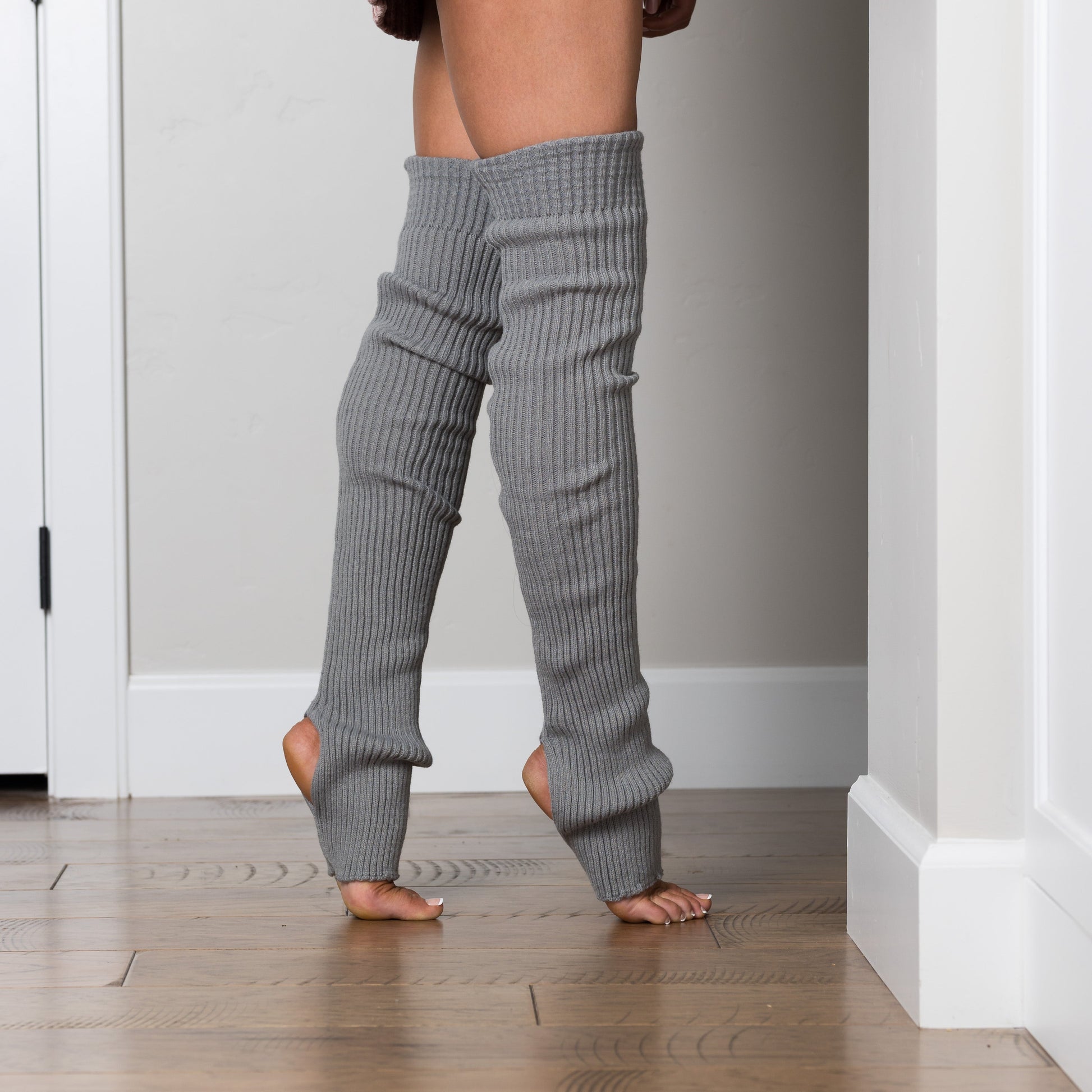 Long Stirrup Leg Warmers — 30" Soft Acrylic Ribbed Knit Heel Opening - Light Gray Socks