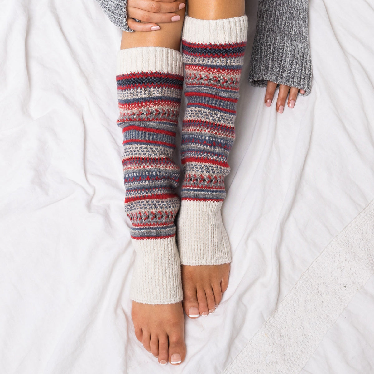 Knitted Fair Isle Leg Warmers Beige