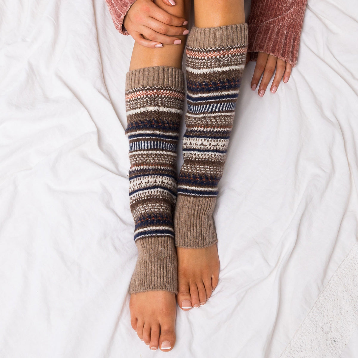 Knitted Fair Isle Leg Warmers Taupe