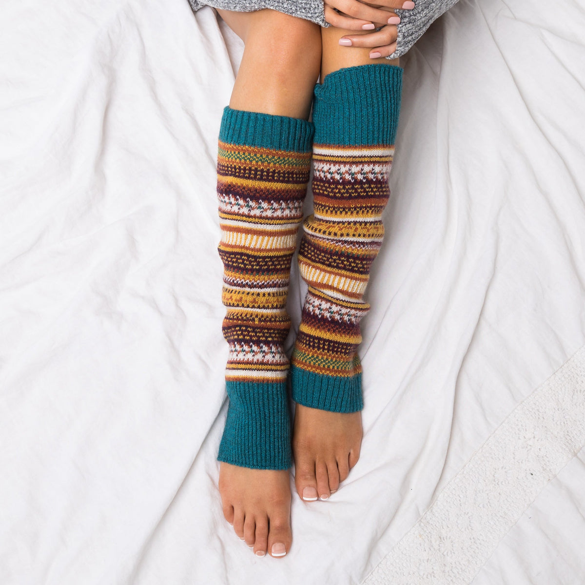Knitted Fair Isle Leg Warmers Teal
