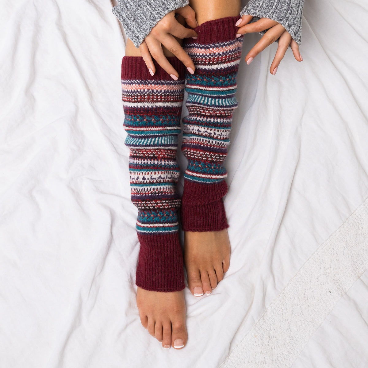 Knitted Fair Isle Leg Warmers Wine