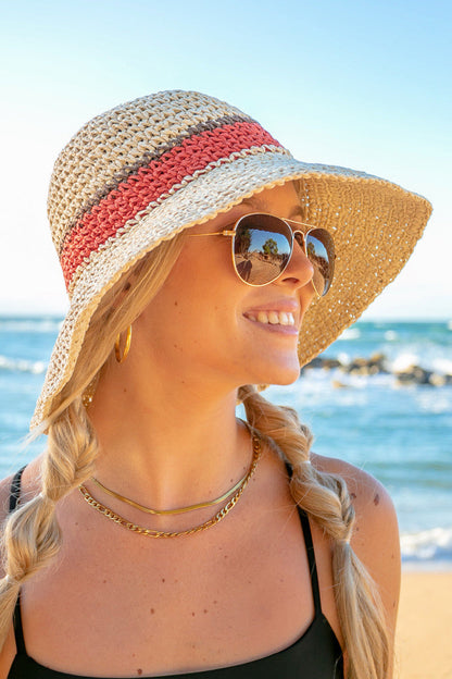 Stripe Accent Straw Hat - Straw Sunhat