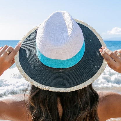 Fray Edge Color Block Panama Hat - Black Turquoise White Straw Sunhat