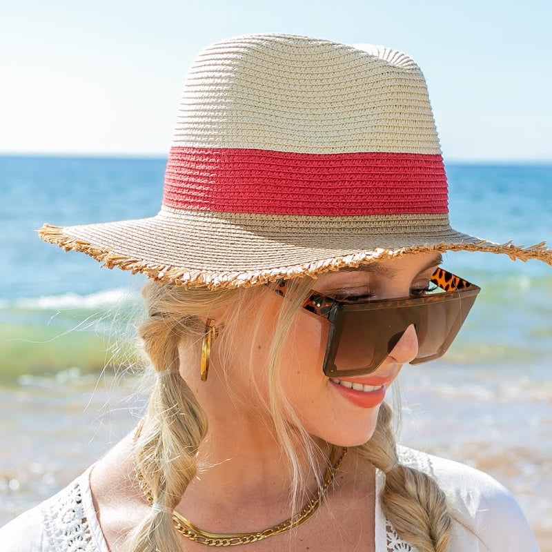 Fray Edge Color Block Panama Hat - Straw Sunhat