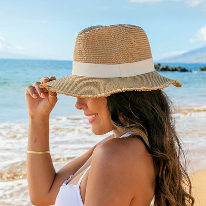 Fray Edge Ribbon Accent Panama Hat - Straw Sunhat