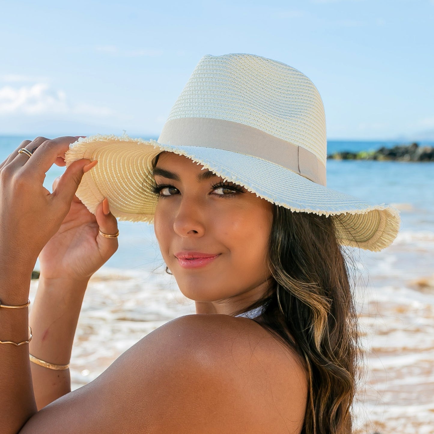 Fray Edge Ribbon Accent Panama Hat - Straw Sunhat