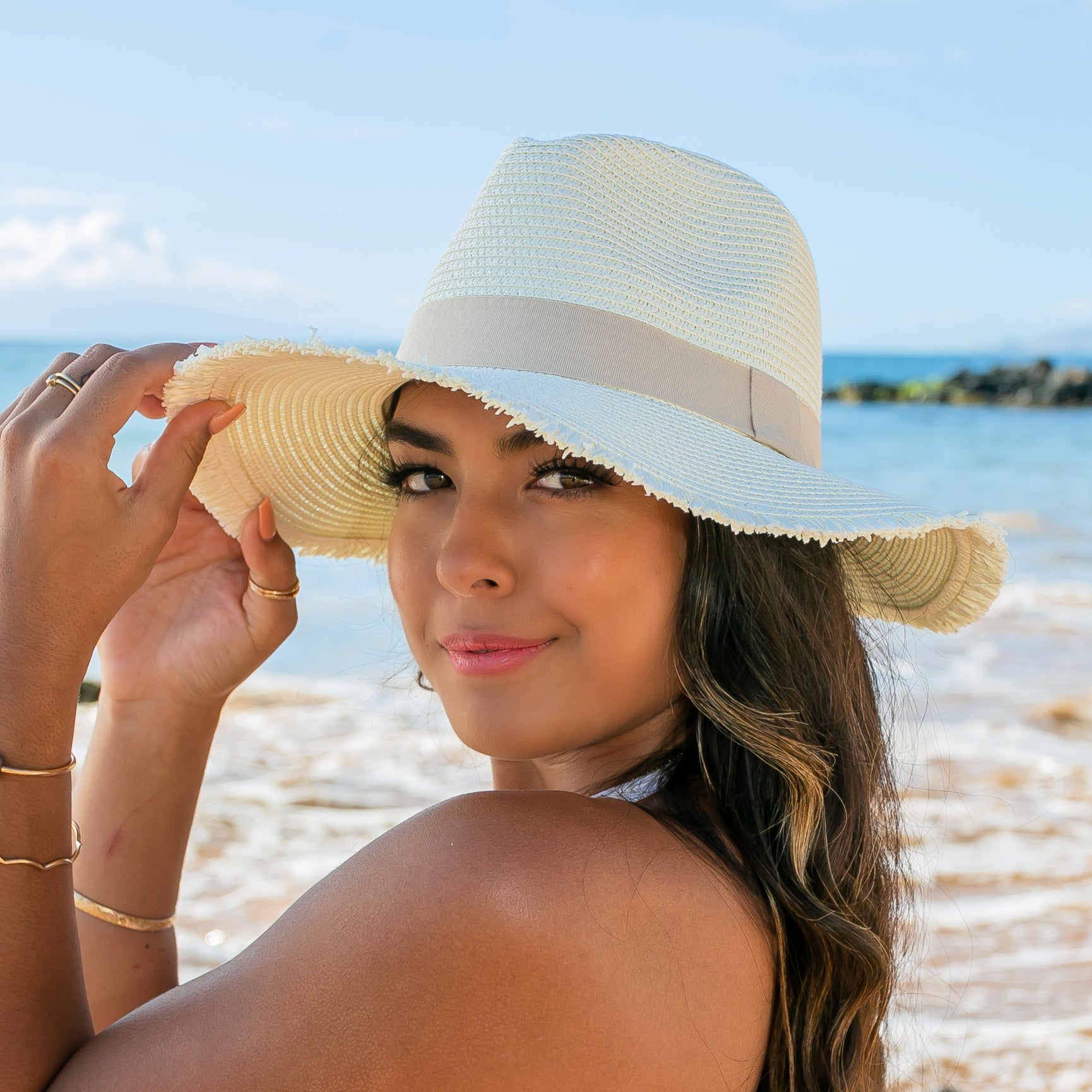 Fray Edge Ribbon Accent Panama Hat - Straw Sunhat