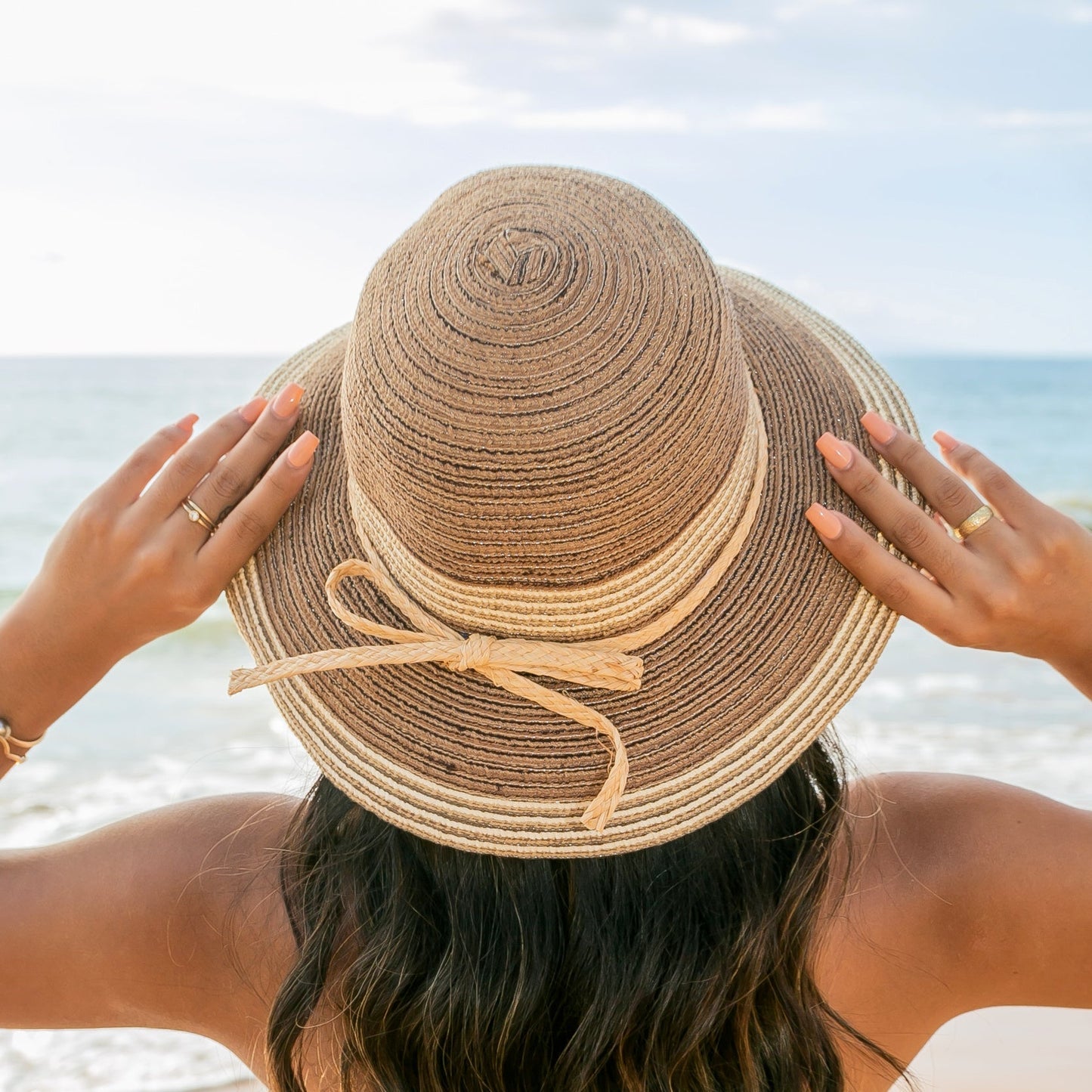 Multi-Stripe Bow Accent Sunhat - Mocha Straw Sunhat