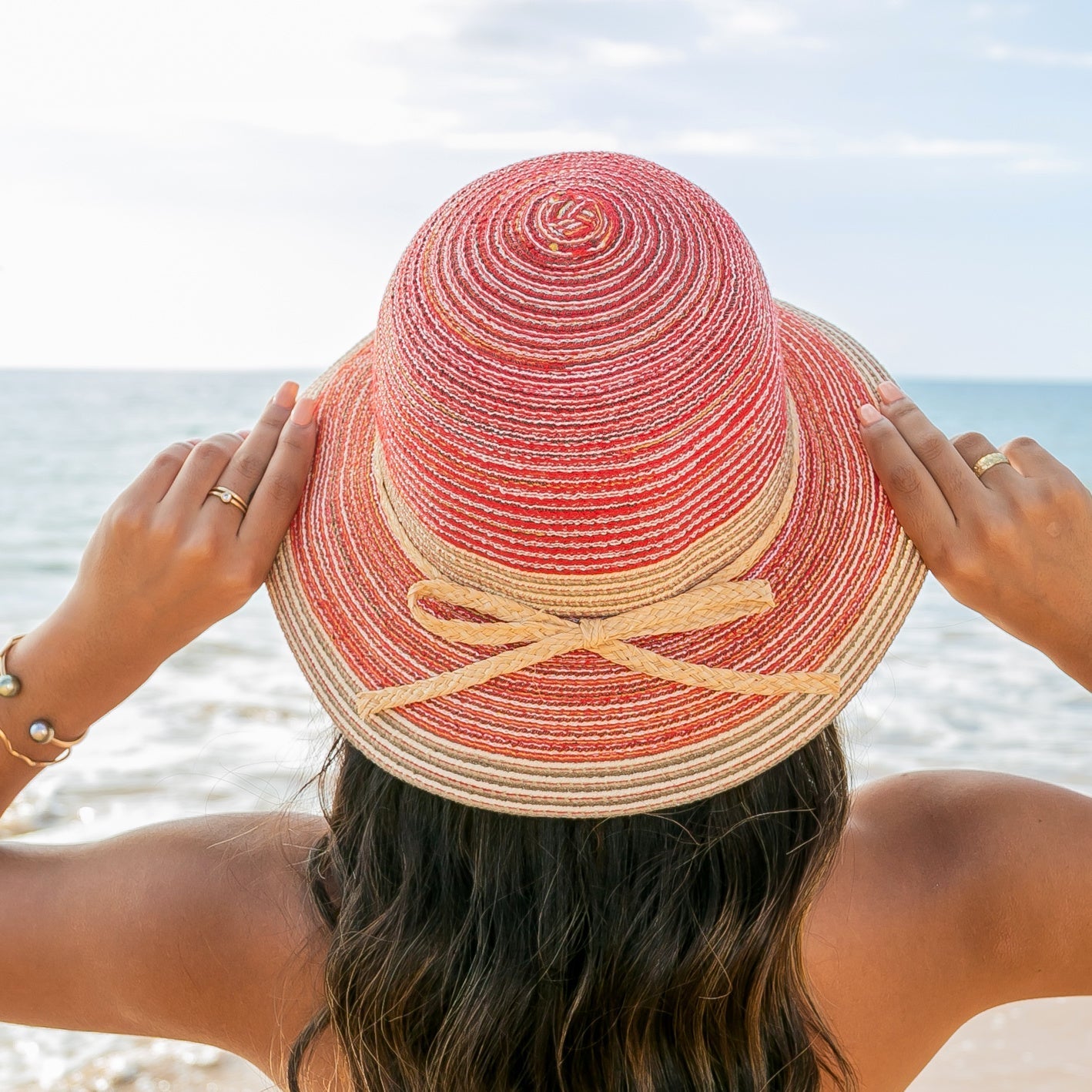 Multi-Stripe Bow Accent Sunhat - Cherry Straw Sunhat