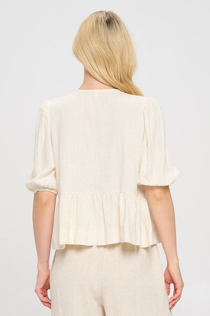 Linen Blend Puff Sleeve Blouse – outfit idea for women | Ro + Ivy